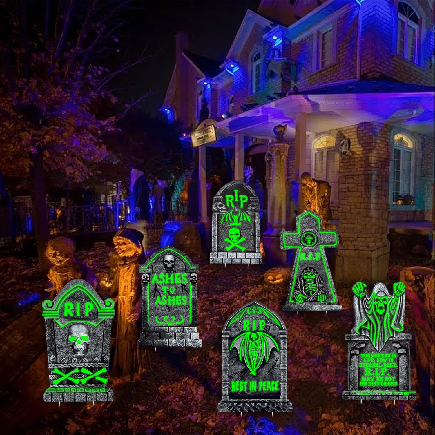 6 Pack Light Up Halloween Tombstones Decoration, 16.5"x11" Spooky Graveyard Decor for Outdoor Yard Parties, Waterproof Plastic Grave Markers with 12 Stakes for Cemetery Lawn Displays